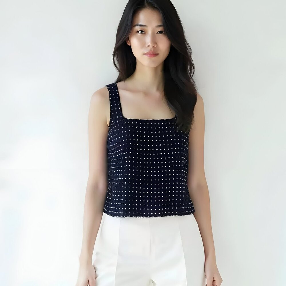 Carlisle Navy Blue White Silk Satin Polka Dot Cropped Dress Tank Top Blouse 8 M